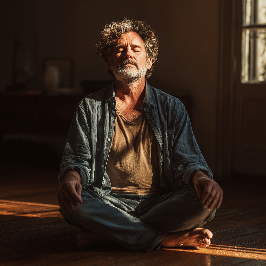 A man in his early 50s with graying temples sitting in a peaceful cross-legged meditation pose on a wooden floor, natural light streaming through a window, serene expression on his face
