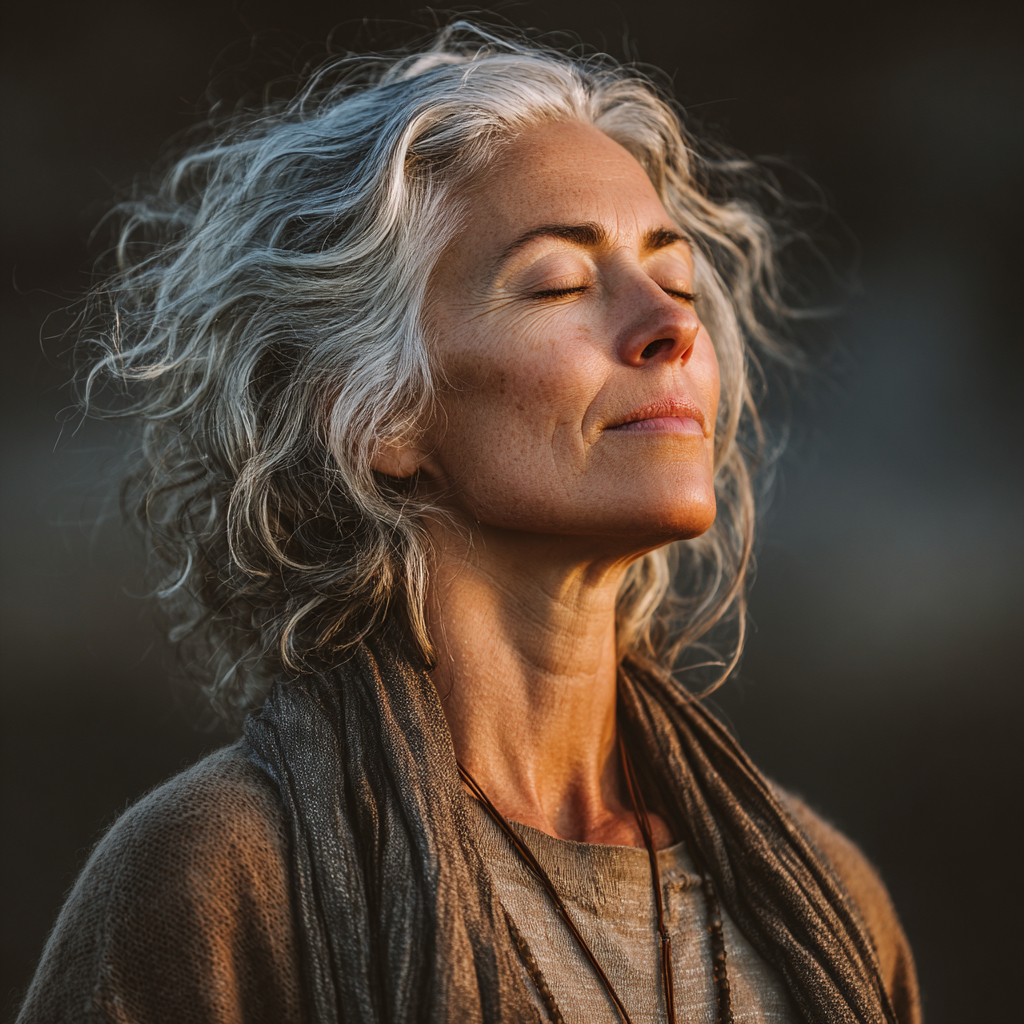 A woman in her late 40s with silver-streaked hair practicing a gentle standing yoga pose outdoors in soft morning light, wearing comfortable earth-toned clothing, eyes closed in peaceful meditation